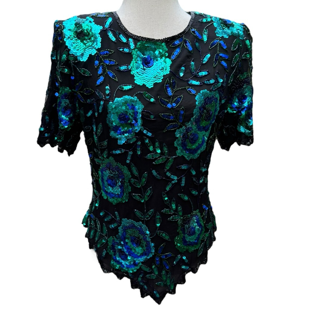 Laurence Kazar Vintage Sequin Silk Beaded Top Medium Floral Glam 80s 90s Party